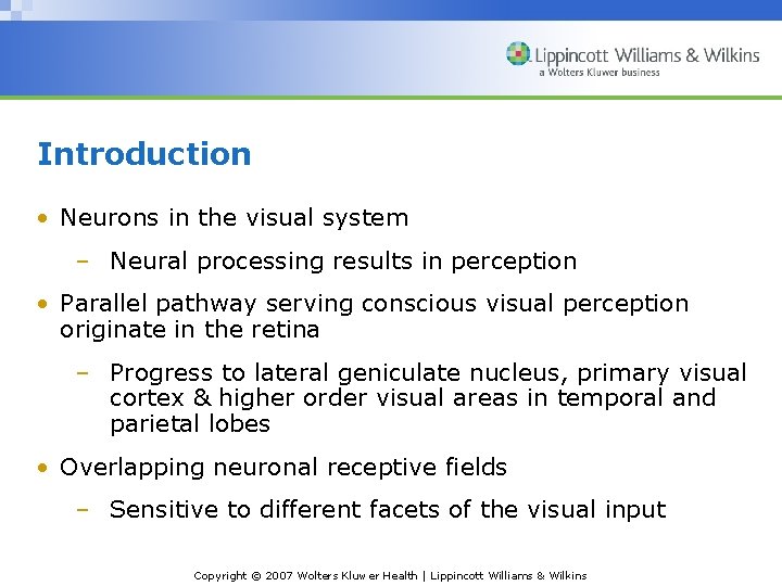 Introduction • Neurons in the visual system – Neural processing results in perception •