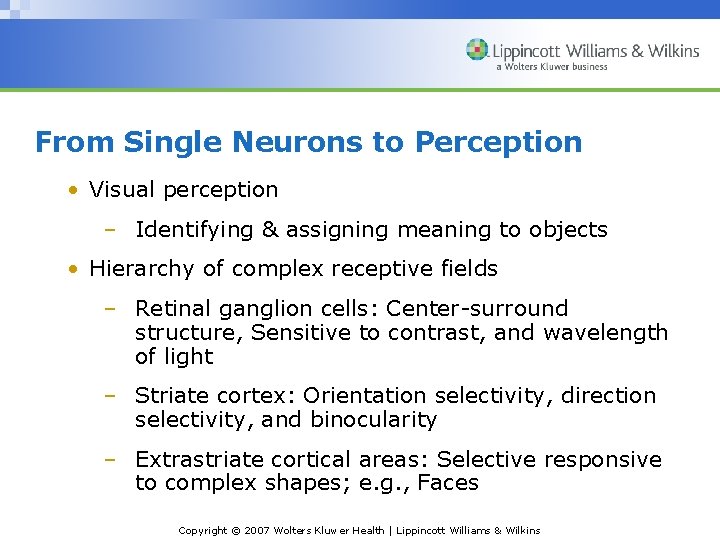From Single Neurons to Perception • Visual perception – Identifying & assigning meaning to