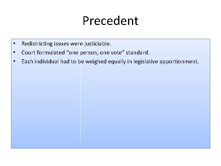 Precedent • Redistricting issues were justiciable. • Court formulated “one person, one vote” standard.