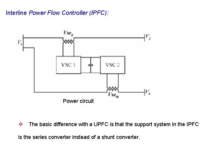 Interline Power Flow Controller (IPFC): Power circuit v The basic difference with a UPFC