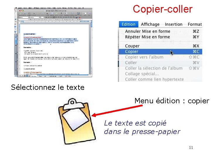 Copier-coller Sélectionnez le texte Menu édition : copier Le texte est copié dans le