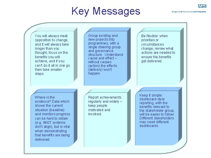 Key Messages You will always meet opposition to change, and it will always take