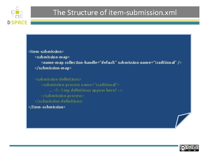 The Structure of item-submission. xml <item-submission> <submission-map> <name-map collection-handle="default" submission-name="traditional" /> </submission-map> <submission-definitions> <submission-process