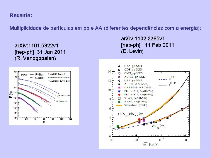 Recente: Multiplicidade de partículas em pp e AA (diferentes dependências com a energia): ar.