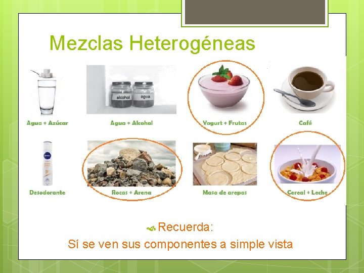 Mezclas Heterogéneas Recuerda: Sí se ven sus componentes a simple vista 