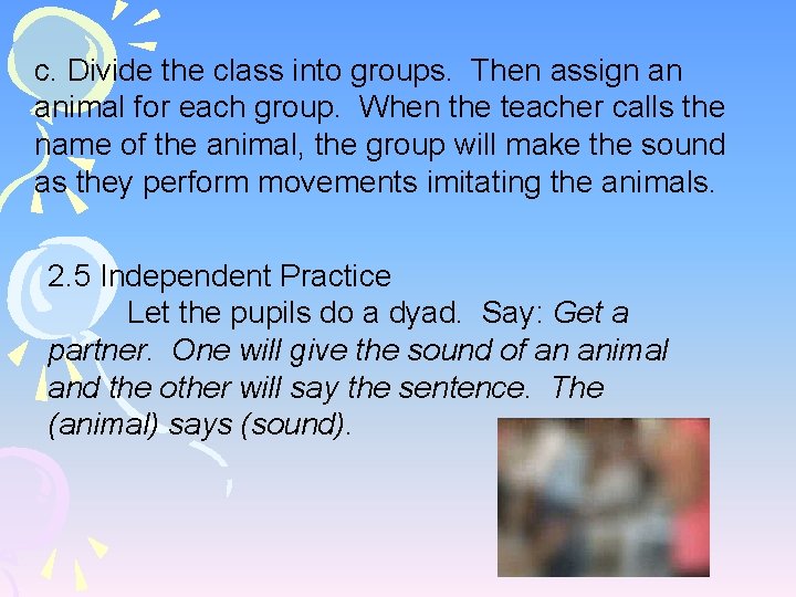 c. Divide the class into groups. Then assign an animal for each group. When