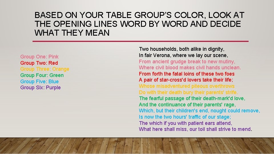 BASED ON YOUR TABLE GROUP’S COLOR, LOOK AT THE OPENING LINES WORD BY WORD