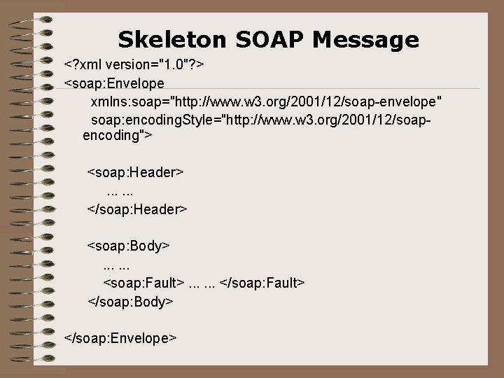 Skeleton SOAP Message <? xml version="1. 0"? > <soap: Envelope xmlns: soap="http: //www. w