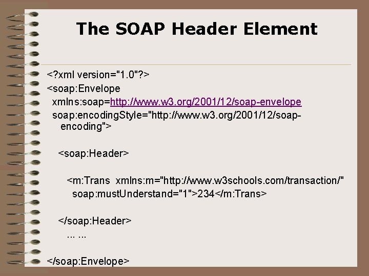 The SOAP Header Element <? xml version="1. 0"? > <soap: Envelope xmlns: soap=http: //www.