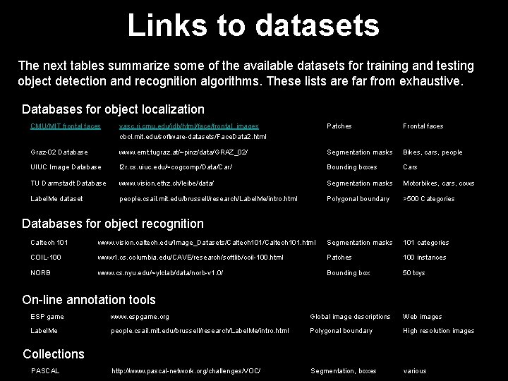 Links to datasets The next tables summarize some of the available datasets for training Links to datasets The next tables summarize some of the available datasets for training