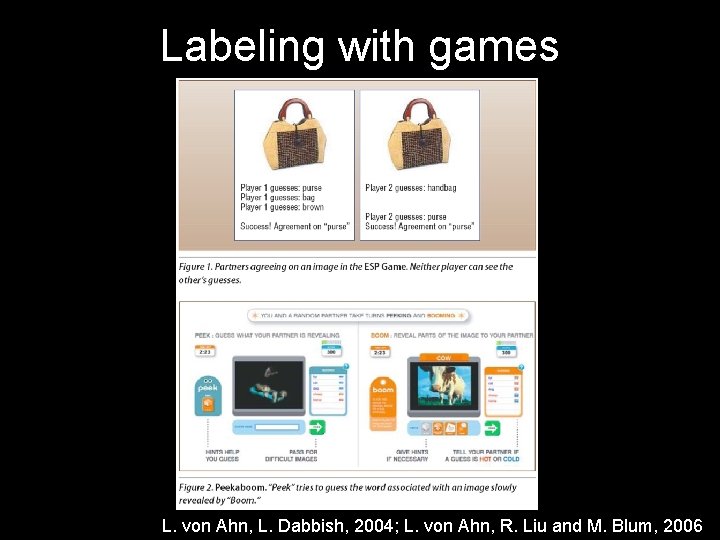 Labeling with games L. von Ahn, L. Dabbish, 2004; L. von Ahn, R. Liu Labeling with games L. von Ahn, L. Dabbish, 2004; L. von Ahn, R. Liu