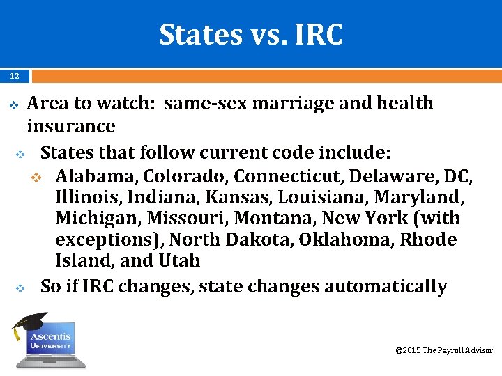 States vs. IRC 12 Area to watch: same-sex marriage and health insurance v States