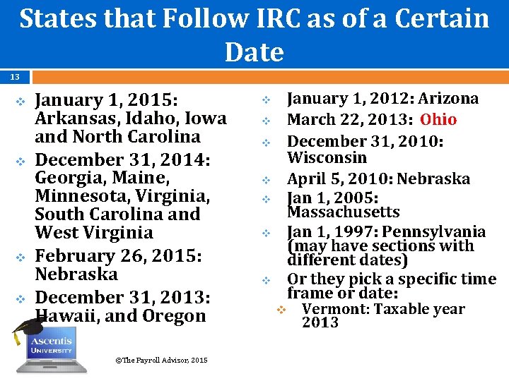 States that Follow IRC as of a Certain Date 13 v v January 1,
