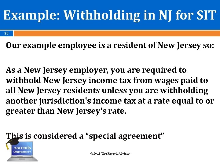 Example: Withholding in NJ for SIT 20 Our example employee is a resident of