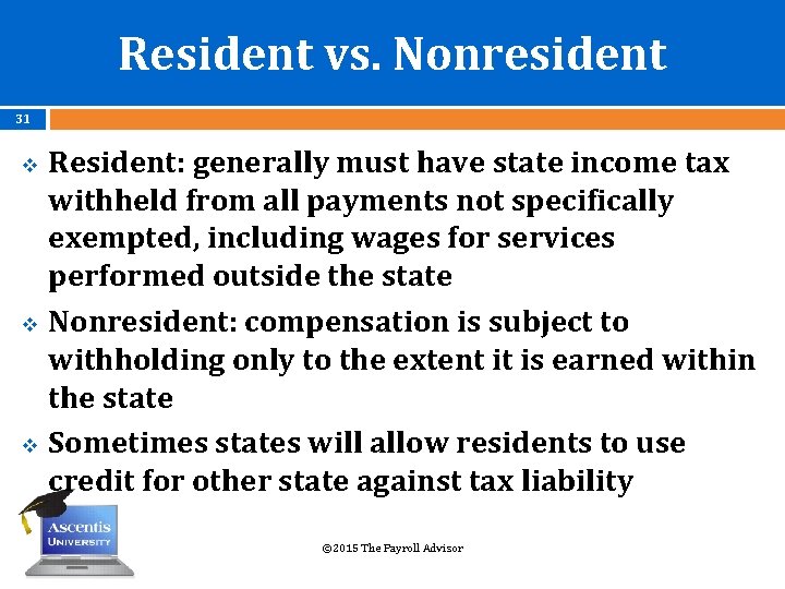 Resident vs. Nonresident 31 v v v Resident: generally must have state income tax