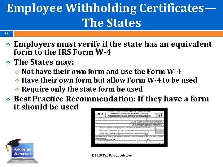 Employee Withholding Certificates— The States 36 v v Employers must verify if the state
