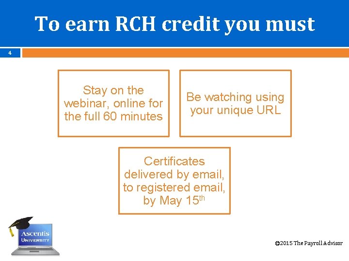 To earn RCH credit you must 4 Stay on the webinar, online for the
