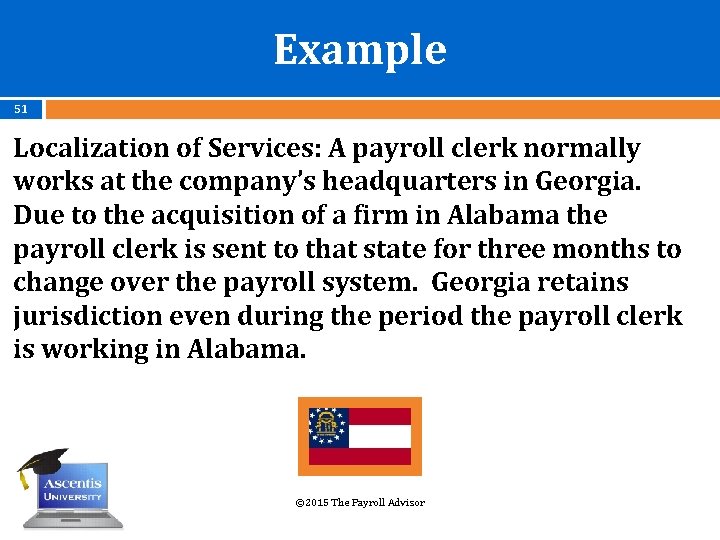 Example 51 Localization of Services: A payroll clerk normally works at the company’s headquarters