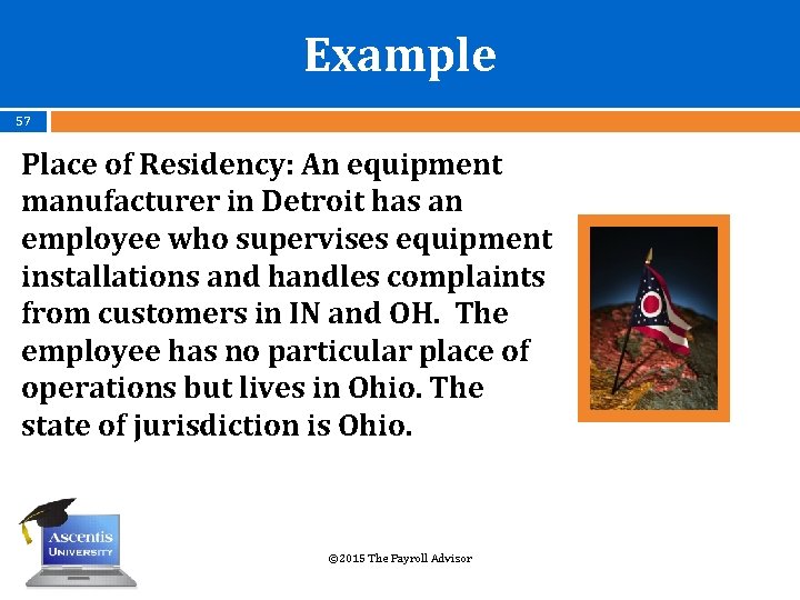 Example 57 Place of Residency: An equipment manufacturer in Detroit has an employee who