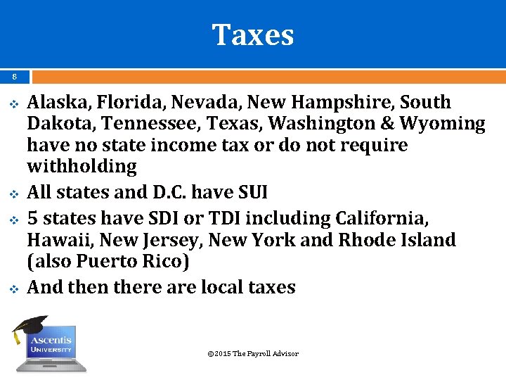 Taxes 8 v v Alaska, Florida, Nevada, New Hampshire, South Dakota, Tennessee, Texas, Washington