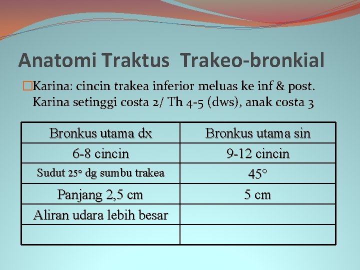 Anatomi Traktus Trakeo-bronkial �Karina: cincin trakea inferior meluas ke inf & post. Karina setinggi