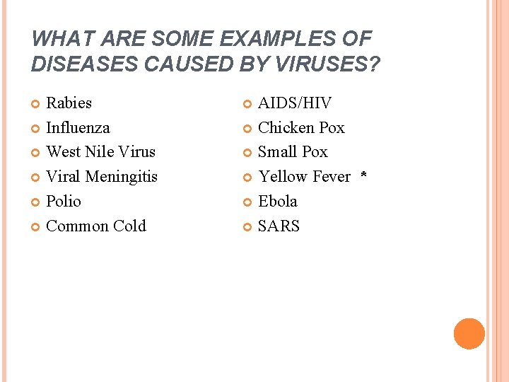 WHAT ARE SOME EXAMPLES OF DISEASES CAUSED BY VIRUSES? Rabies Influenza West Nile Virus