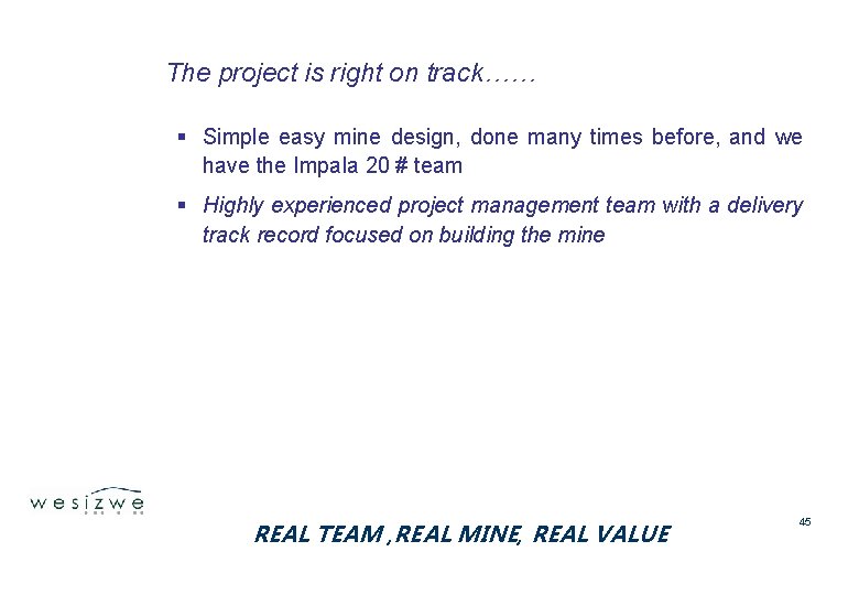 The project is right on track…… § Simple easy mine design, done many times