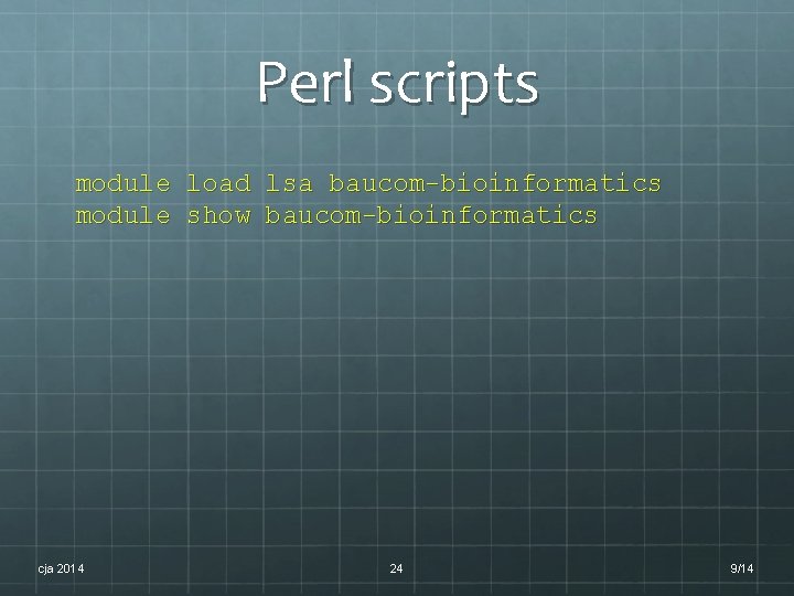 Perl scripts module load lsa baucom-bioinformatics module show baucom-bioinformatics cja 2014 24 9/14 Perl scripts module load lsa baucom-bioinformatics module show baucom-bioinformatics cja 2014 24 9/14
