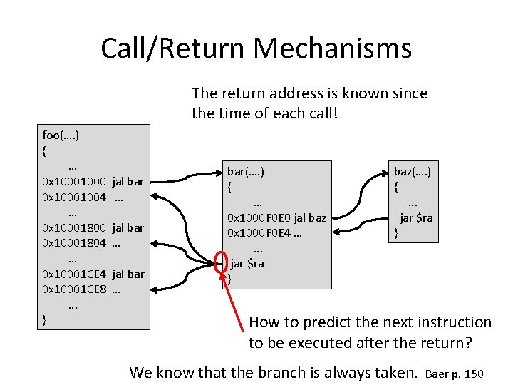 Call/Return Mechanisms The return address is known since the time of each call! foo(….