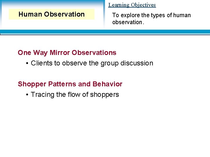Learning Objectives Human Observation To explore the types of human observation. One Way Mirror