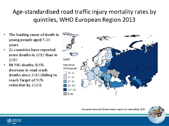 Age-standardised road traffic injury mortality rates by quintiles, WHO European Region 2013 • The