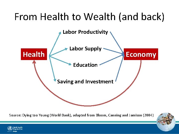 From Health to Wealth (and back) Labor Productivity Health Labor Supply Economy Education Saving