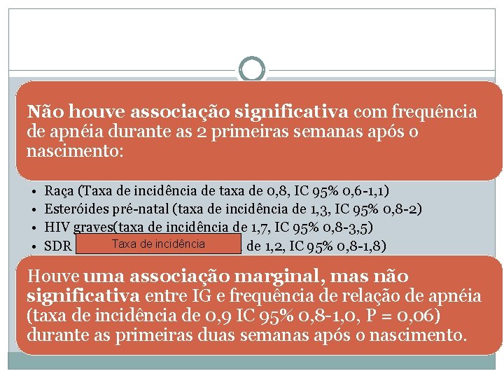 Não houve associação significativa com frequência de apnéia durante as 2 primeiras semanas após