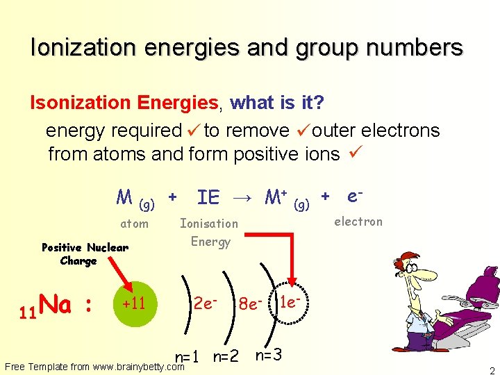 Ionization energies and group numbers Isonization Energies, what is it? energy required to remove