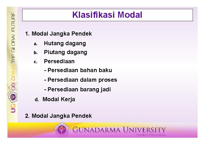Klasifikasi Modal 1. Modal Jangka Pendek a. Hutang dagang b. Piutang dagang c. Persediaan