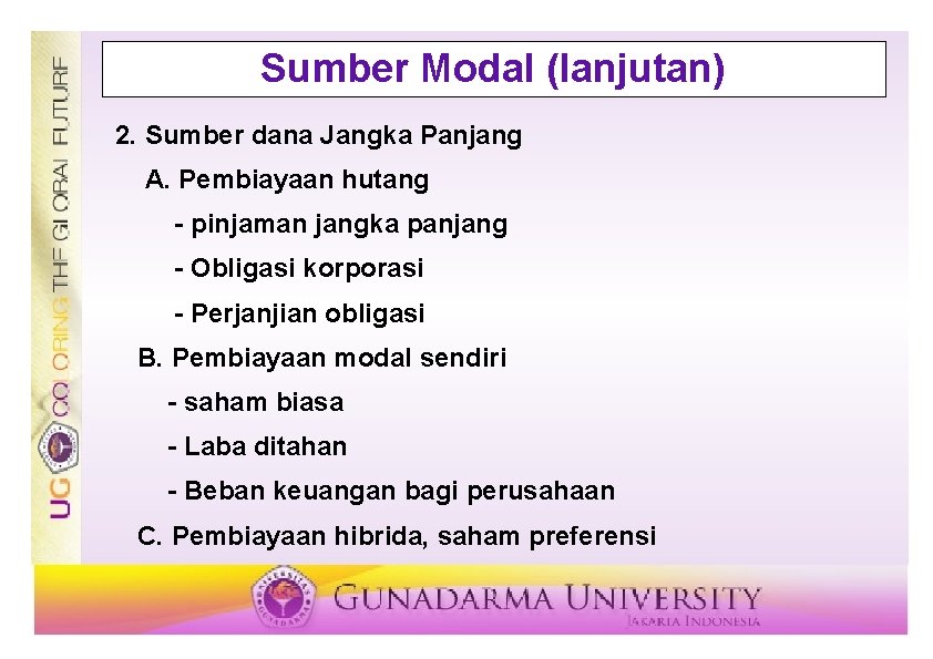 Sumber Modal (lanjutan) 2. Sumber dana Jangka Panjang A. Pembiayaan hutang - pinjaman jangka