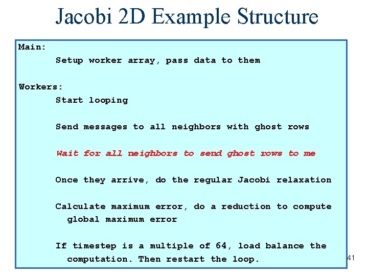 Jacobi 2 D Example Structure Main: Setup worker array, pass data to them Workers: