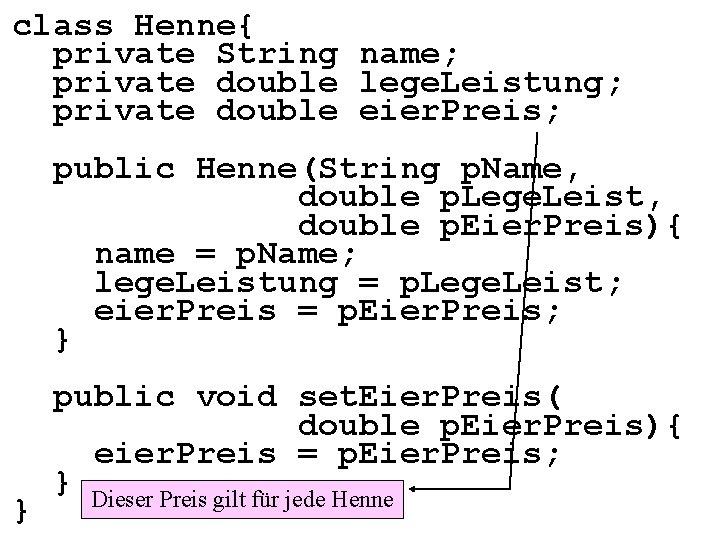 class Henne{ private String name; private double lege. Leistung; private double eier. Preis; public