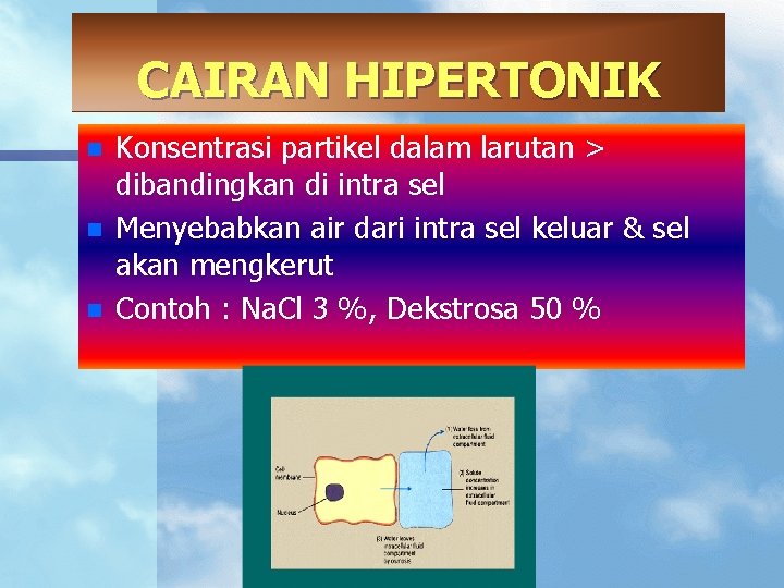 CAIRAN HIPERTONIK n n n Konsentrasi partikel dalam larutan > dibandingkan di intra sel