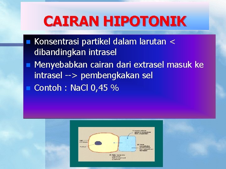 CAIRAN HIPOTONIK n n n Konsentrasi partikel dalam larutan < dibandingkan intrasel Menyebabkan cairan