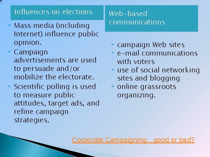 Influences on elections Mass media (including Internet) influence public opinion. Campaign advertisements are used