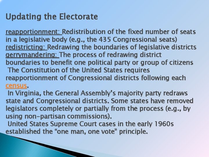 Updating the Electorate reapportionment: Redistribution of the fixed number of seats in a legislative