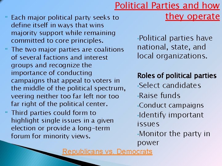  Political Parties and how they operate Each major political party seeks to define