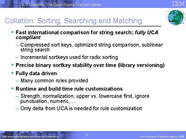 ICU Overview: The Open Source Unicode Library Collation: Sorting, Searching and Matching § Fast