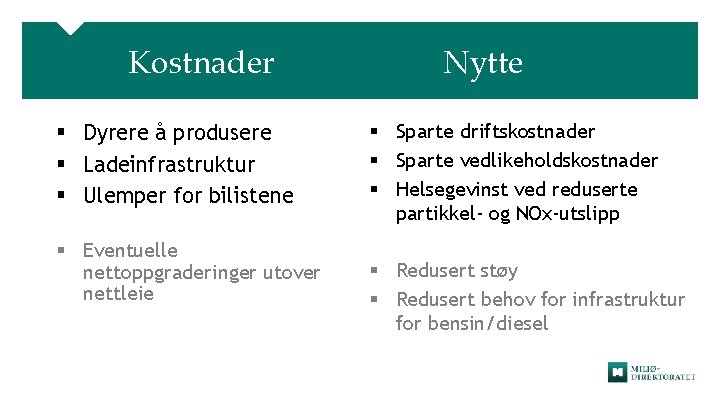 Kostnader § Dyrere å produsere § Ladeinfrastruktur § Ulemper for bilistene § Eventuelle nettoppgraderinger