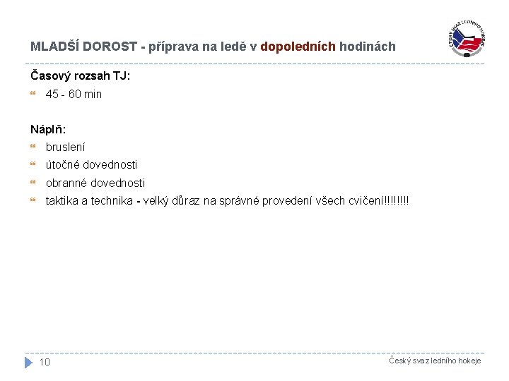 MLADŠÍ DOROST - příprava na ledě v dopoledních hodinách Časový rozsah TJ: 45 -