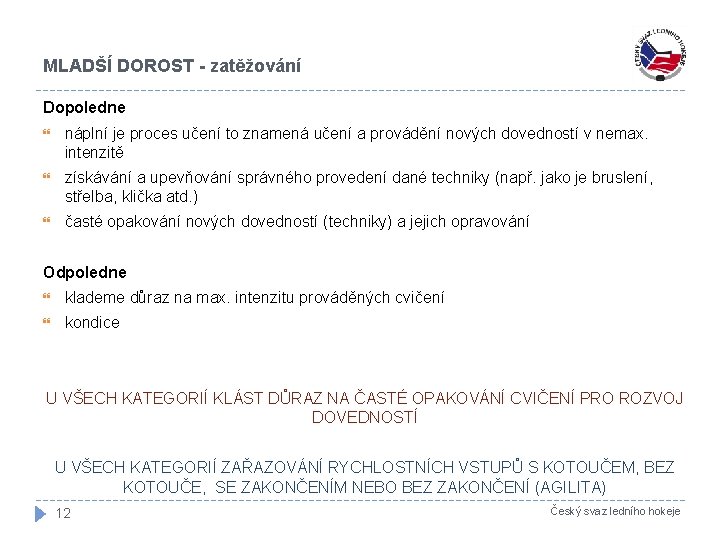 MLADŠÍ DOROST - zatěžování Dopoledne náplní je proces učení to znamená učení a provádění