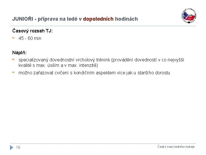 JUNIOŘI - příprava na ledě v dopoledních hodinách Časový rozsah TJ: 45 - 60