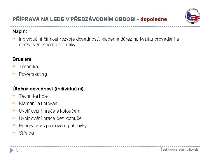 PŘÍPRAVA NA LEDĚ V PŘEDZÁVODNÍM OBDOBÍ - dopoledne Náplň: Individuální činnost rozvoje dovedností, klademe