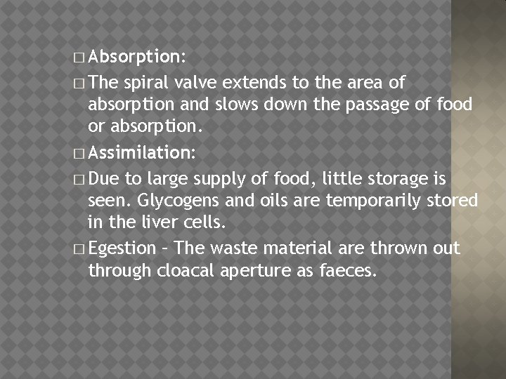 � Absorption: � The spiral valve extends to the area of absorption and slows